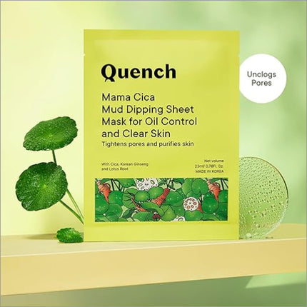 Packaging of Quench Mud Sheet Mask with Cica Herb Repair, a Korean face mask for oily skin that combines clay benefits to soothe and tighten skin.