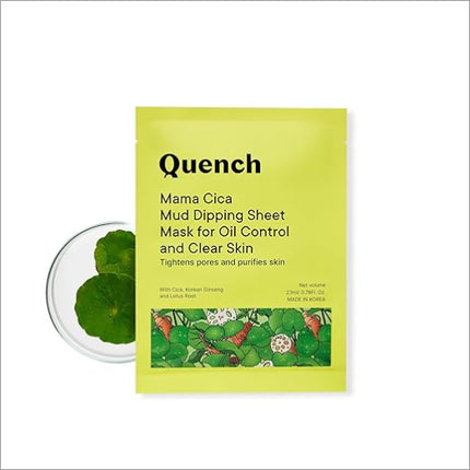 Quench Mud Sheet Mask with Cica Herb Repair, a Korean face mask for oily skin, offers clay benefits to tighten pores and control excess oil.