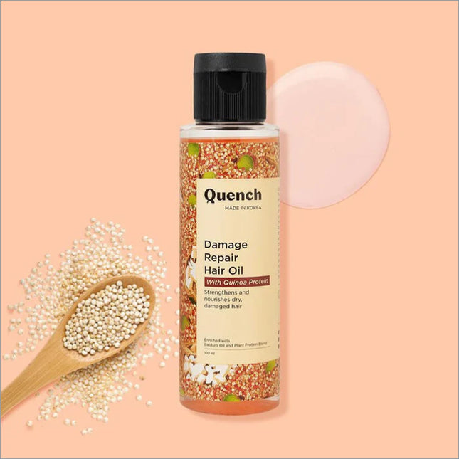 QUENCH Damage Repair Hair Oil with Quinoa Protein - 100ml for deep nourishment and hydration, ideal for restoring damaged hair with its unique blend of ingredients, promoting healthy, shiny hair.