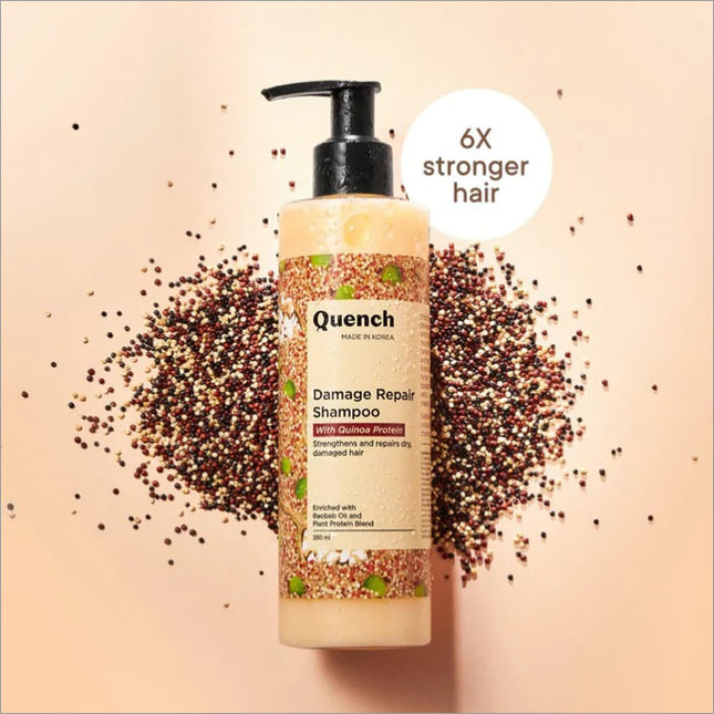 QUENCH Damage Repair Shampoo with Quinoa Protein - 250 ML, a nourishing and repairing damage repair shampoo formulated with quinoa and natural Korean ingredients to enhance dry and damaged hair.