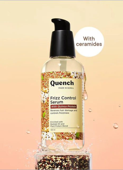 QUENCH Frizz Control Serum with Quinoa Protein - 100ml, a nourishing frizz control serum designed to smooth unruly hair and enhance shine.