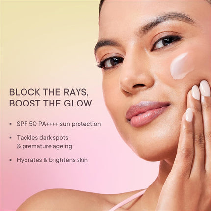 Radiantly smooth skin achieved with Quench Glow Fluid Sunscreen, SPF 50 PA++++, ideal sunscreen for glowing skin, promoting an even complexion and reducing fine lines while protecting against UV damage.
