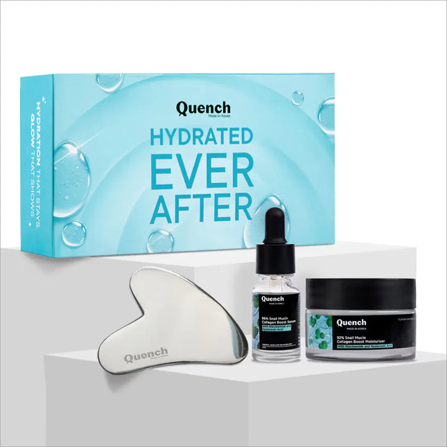 Quench Hydrated Ever After Kit 25ml featuring nourishing snail mucin serum and moisturizer in a hydrating skincare kit.