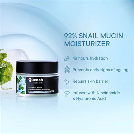 Detail view of Quench Hydrated Ever After Kit components, comprising snail mucin skincare and gua sha for hydration.