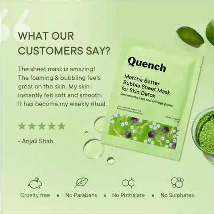 Lifestyle image of the Quench Korean Bubble Sheet Mask with Matcha Green Tea in a beauty setting.