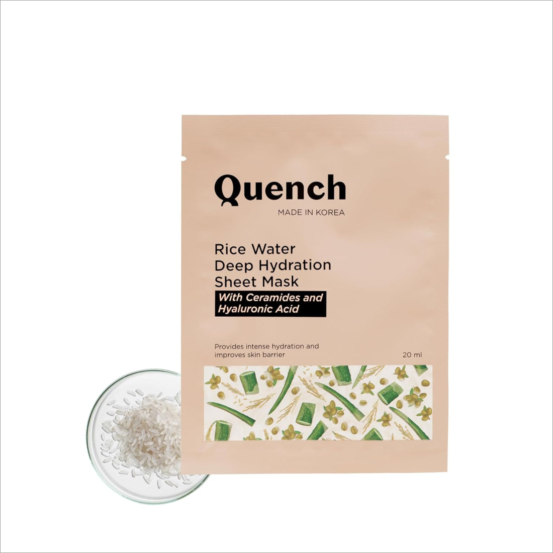 Quench Deep Hydration Korean Sheet Mask with Rice Water, Ceramides & Hyaluronic Acid - revitalizing rice water face mask for glowing skin and hydration.
