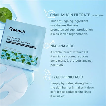 Quench Snail Mucin Korean Collagen Boost Mask ingredients list focusing on Niacinamide and Hyaluronic Acid, showcasing it as a Korean snail mucin mask.