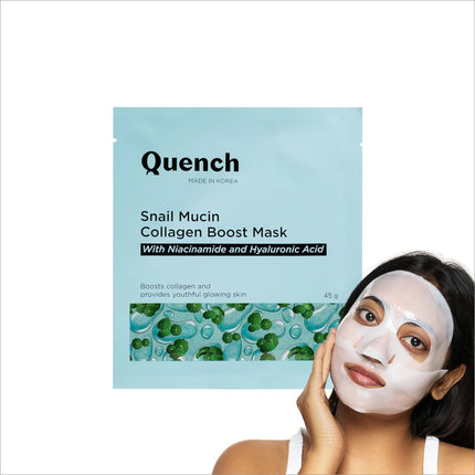 Quench Snail Mucin Korean Collagen Boost Mask with Niacinamide & Hyaluronic Acid for radiant glass skin, featured in the Korean snail mucin mask collection.