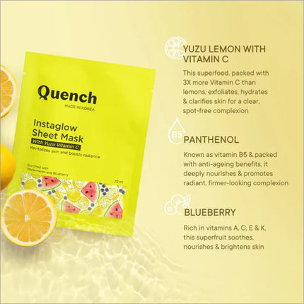 Close-up of Quench Instaglow Sheet Mask featuring Yuzu Vitamin C, a vitamin C sheet mask designed for glowing skin.