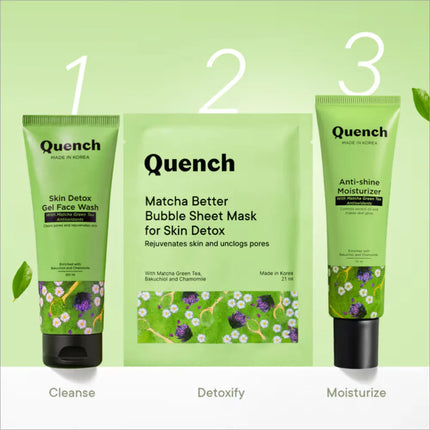 Quench Korean Bubble Sheet Mask with Matcha Green Tea image 4 displaying the application process on the face.