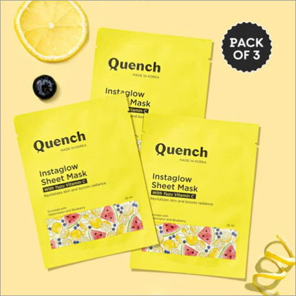 Ingredients of Quench Instaglow Sheet Mask with Yuzu Vitamin C highlighting its vitamin C sheet mask formulation.