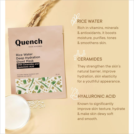 Model using Quench Deep Hydration Korean Sheet Mask showcasing the nourishing effects of rice water - ideal rice water face mask for softening skin.