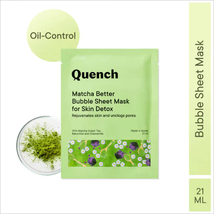 Quench Korean Bubble Sheet Mask with Matcha Green Tea promotional image showcasing key ingredients.