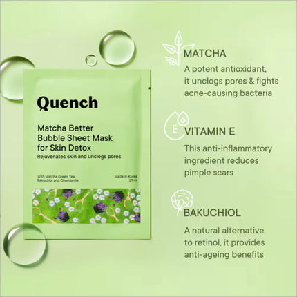 Quench Korean Bubble Sheet Mask with Matcha Green Tea minimalist presentation on a flat surface.