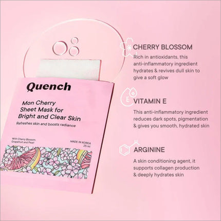 Close-up of Brightening & Skin Clarifying Sheet Mask with Cherry Blossom Radiance - 25 ML, enriched with cherry blossom extract for a brightening effect. Perfect cherry blossom sheet mask.