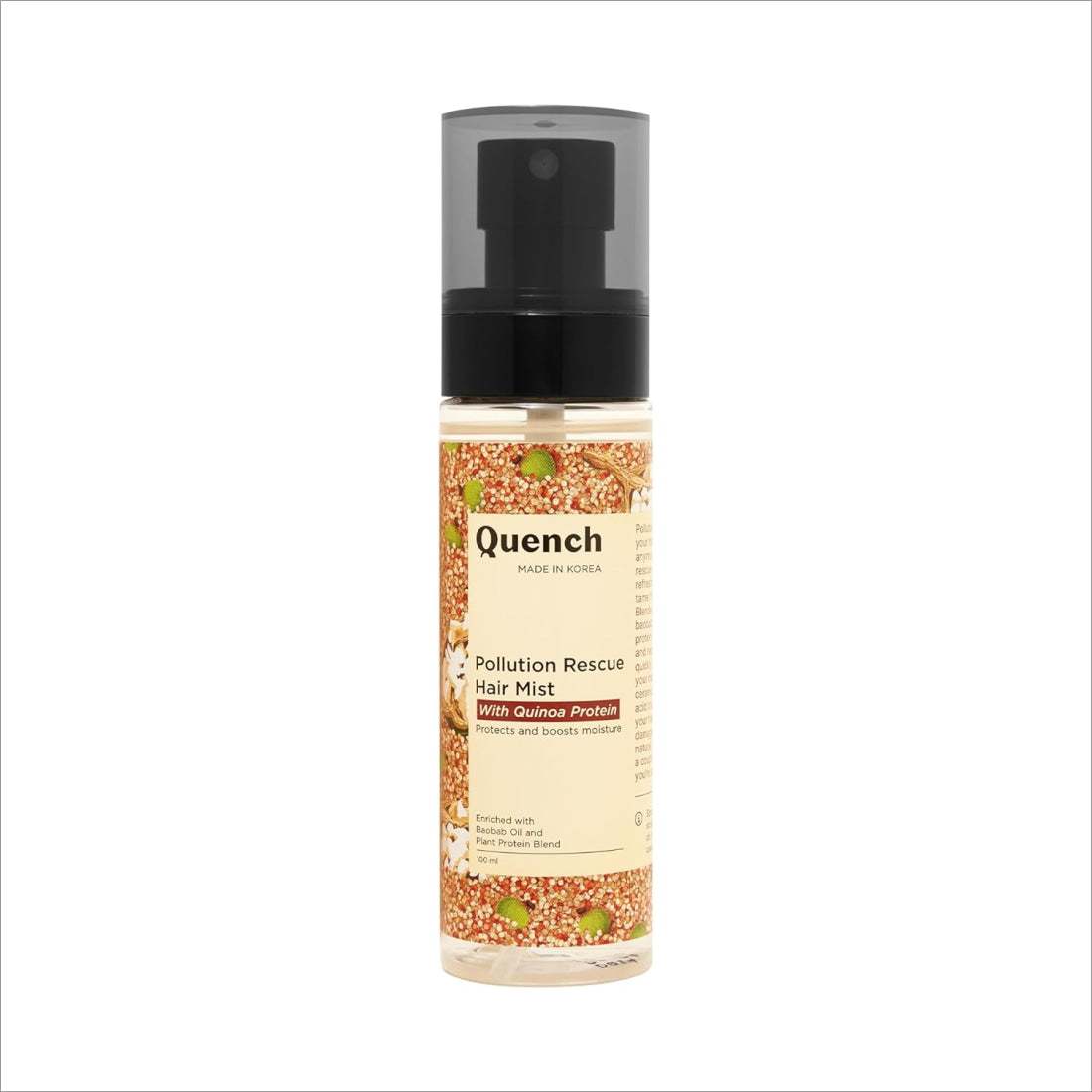Quench Pollution Rescue Hair Mist With Quinoa Protein & Ceramides, a hair mist for frizz that smoothes frizz, tames flyaways, and repairs hair damage while adding shine, made in Korea.