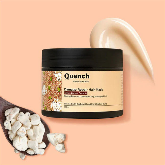 QUENCH Damage Repair Hair Mask with Quinoa Protein - 200 ML, a nourishing quinoa hair mask designed to restore moisture, repair damage, and enhance hair strength for all hair types.