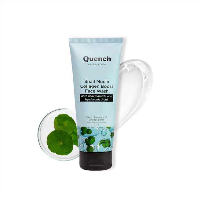QUENCH BOTANICS Quench Snail Mucin Collagen Boost Face Wash 100ml bottle showcasing its moisturizing formula with snail mucin for youthful skin, ideal as snail mucin face wash.