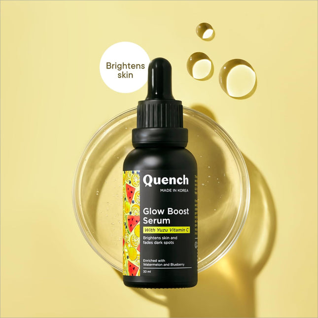 Close-up of QUENCH BOTANICS Vitamin C Glow Boost Face Serum, highlighting the key ingredients like ethyl ascorbic acid in this powerful vitamin c serum.