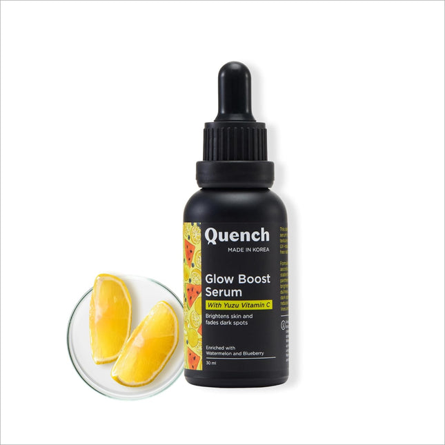 QUENCH BOTANICS Vitamin C Glow Boost Face Serum with 5% Ethyl Ascorbic Acid, showcasing the brightening benefits of this vitamin c serum for dark spots and uneven skin tone.