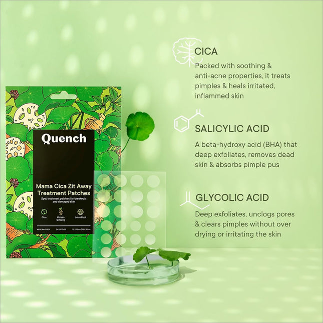 Close-up of Quench Zit Away Acne Pimple Patch highlighting the transparent design suitable for face application, featuring healing ingredients like Salicylic Acid and Cica.