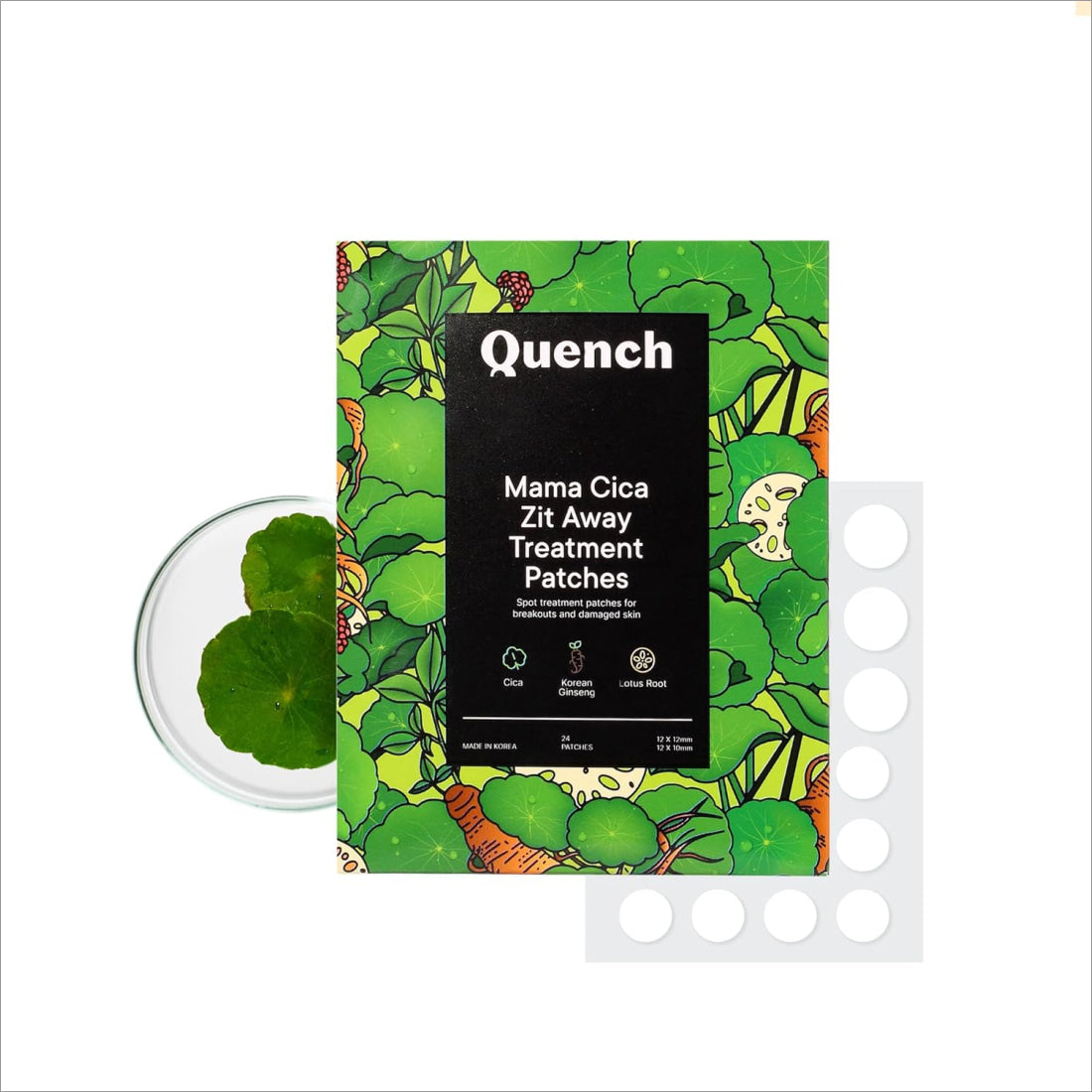 Quench Zit Away Acne Pimple Patches for Face in use, showcasing the effectiveness of 24 hydrocolloid patches with Salicylic Acid and Cica Herb Repair for overnight pimple reduction.