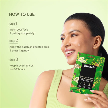 An array of Quench Zit Away Acne Pimple Patches showing the packaging and description of effective healing ingredients including Salicylic Acid.