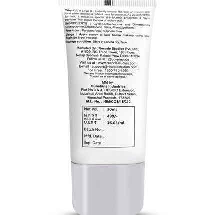 Recode Radiant Face Primer 30 ML packaging