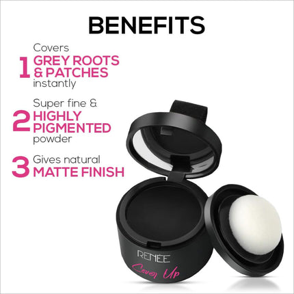 Packaging highlighting the benefits of RENEE Cover-Up Hair Powder, ideal for covering grey roots and bald spots instantly. Featuring a super fine and highly pigmented powder, this 4gm hair powder for grey roots ensures a natural matte finish for effortless use.