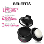 Packaging highlighting the benefits of RENEE Cover-Up Hair Powder, ideal for covering grey roots and bald spots instantly. Featuring a super fine and highly pigmented powder, this 4gm hair powder for grey roots ensures a natural matte finish for effortless use.