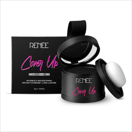 RENEE Cover-Up Hair Powder in a sleek container designed for easy application. This 4gm hair powder for grey roots showcases a fine powder for flawless application. Ideal for achieving fuller and denser hair instantly, this highly pigmented product offers long-lasting and matte finish. Perfect for those looking to cover grey roots and bald spots instantly.