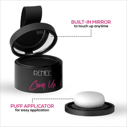 Inside view of RENEE Cover-Up Hair Powder showing the built-in mirror and puff applicator. This 4gm hair powder for grey roots is formulated as a fine powder for flawless application, providing fuller and denser hair with its highly pigmented and long-lasting matte finish.