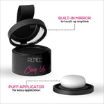 Inside view of RENEE Cover-Up Hair Powder showing the built-in mirror and puff applicator. This 4gm hair powder for grey roots is formulated as a fine powder for flawless application, providing fuller and denser hair with its highly pigmented and long-lasting matte finish.