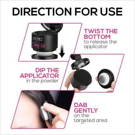 Instructional graphic for using RENEE Cover-Up Hair Powder, delineating the process of application for best results. This 4gm hair powder for grey roots is a fine powder for flawless application, achieving fuller and denser hair with a highly pigmented and long-lasting matte finish.