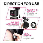 Instructional graphic for using RENEE Cover-Up Hair Powder, delineating the process of application for best results. This 4gm hair powder for grey roots is a fine powder for flawless application, achieving fuller and denser hair with a highly pigmented and long-lasting matte finish.