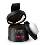 RENEE Cover-Up Hair Powder in its brown variant, highlighting the design and application method. This 4gm hair powder for grey roots functions as a fine powder for flawless application, ensuring fuller and denser results while maintaining a highly pigmented, long-lasting matte finish.