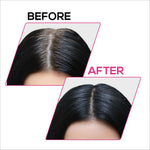 Before and after comparison showcasing the effectiveness of RENEE Cover-Up Hair Powder in concealing grey roots. This 4gm hair powder for grey roots transforms hair instantly, offering a fine powder for flawless application along with a highly pigmented, long-lasting matte finish.
