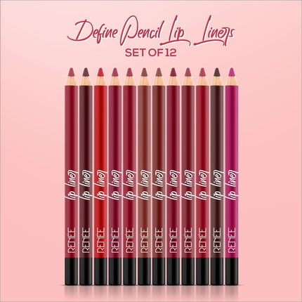 Renee Define Matte Lip Liner showcasing its vibrant colors, perfect as a long lasting lip liner that prevents feathering and bleeding.