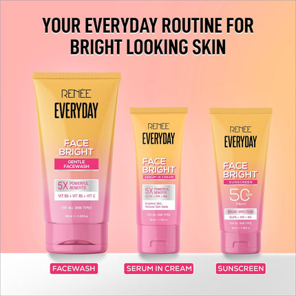 Set of three yellow and pink renee everyday face bright skincare products including face wash serum and sunscreen spf 50