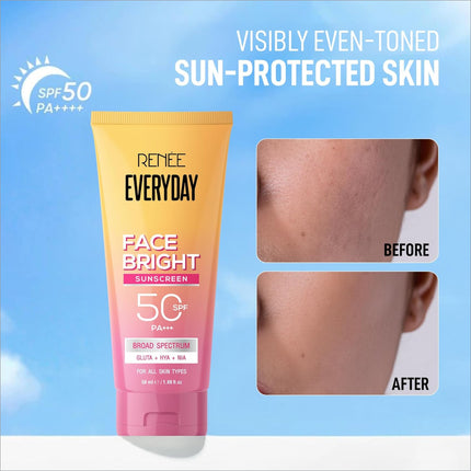 A vibrant yellow to pink tube of renee everyday face brightening sunscreen spf 50 pa+++ with niacinamide and hyaluronic acid