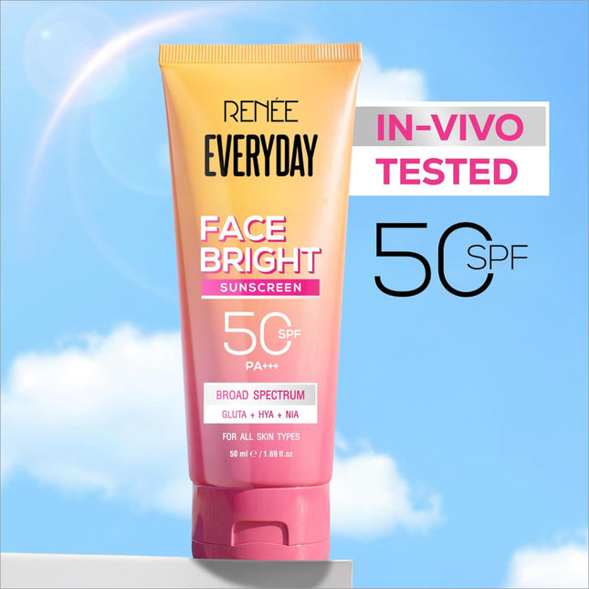 A vibrant orange to pink gradient tube of renee everyday face bright sunscreen spf 50 pa+++ with niacinamide and hyaluronic acid