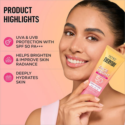 Renee everyday face bright brightening sunscreen spf 50 pa+++ in pink and yellow tube with niacinamide and hyaluronic acid