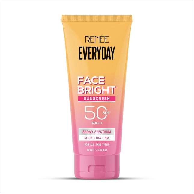 A vibrant gradient tube of renee everyday face bright sunscreen spf 50 pa+++ with niacinamide and hyaluronic acid