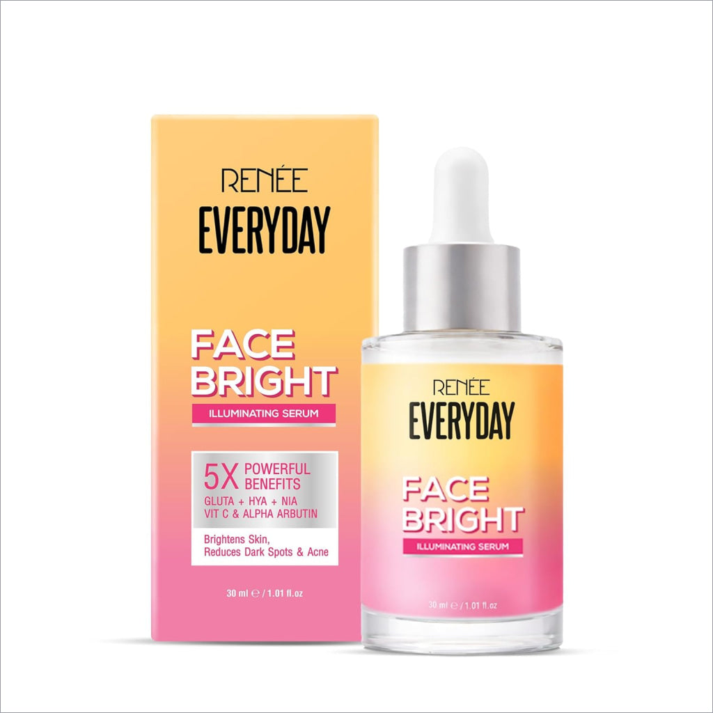 Renee everyday face bright illuminating serum in clear glass bottle with silver dropper and pink to orange label next to matching box
