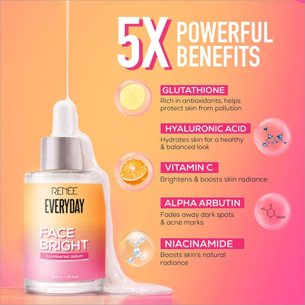 Renee everyday face bright illuminating serum in a clear glass bottle with silver dropper and orange pink label