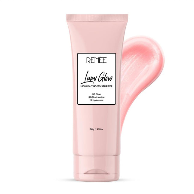 RENEE Lumi Glow Highlighting Moisturizer - 50g. A tube of highlighting moisturizer for glowing skin with a swatch, enriched with 3% Niacinamide & 1% Hyaluronic Acid. This non-sticky formula helps reduce fine lines & wrinkles, prevents photoaging & UV damage, and reduces pigmentation.