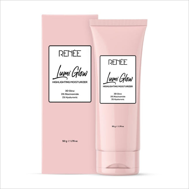 RENEE Lumi Glow Highlighting Moisturizer - 50g displayed in its packaging. This highlighting moisturizer for glowing skin features 3% Niacinamide & 1% Hyaluronic Acid for a radiant look. It effectively reduces fine lines & wrinkles and helps prevent photoaging & UV damage.