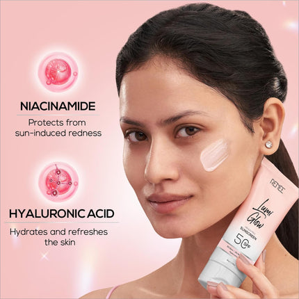 RENEE All Skin Lumi Glow Highlighting Sunscreen With Spf 50 displayed with a fresh matte finish, showcasing its lightweight and hydrating luminous glow sunscreen properties.
