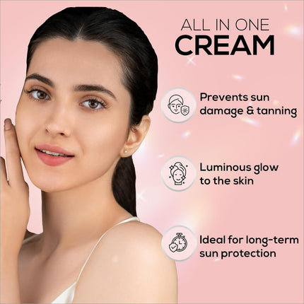 The package of RENEE All Skin Lumi Glow Highlighting Sunscreen With Spf 50, promoting its brightening ingredients for a luminous glow sunscreen experience.