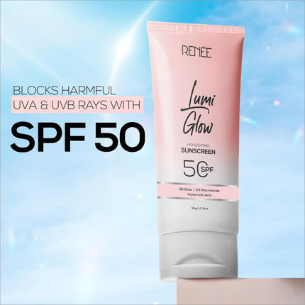 Model applying RENEE All Skin Lumi Glow Highlighting Sunscreen With Spf 50, highlighting the luminous glow sunscreen benefits for radiant skin.
